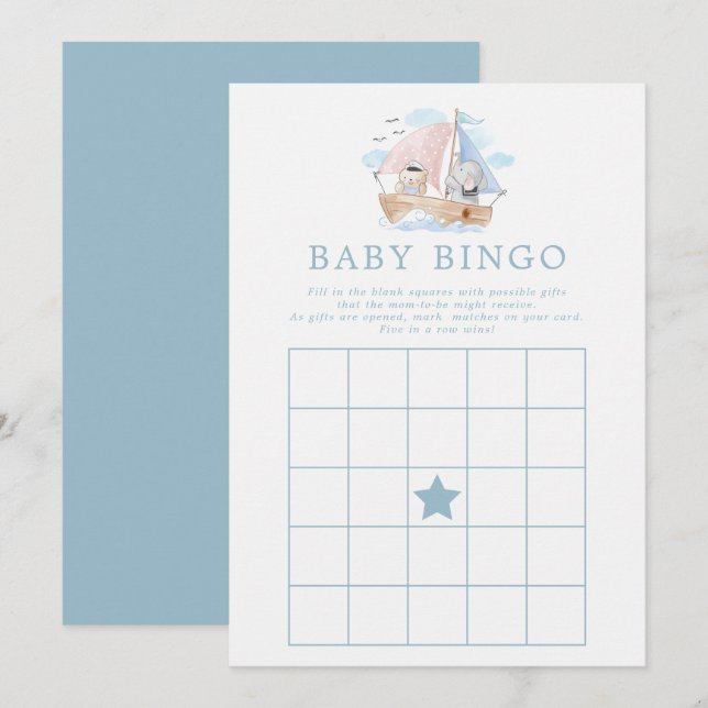 Invitación Juego de Bingo de Baby Shower para el elefante náu (Anverso / Reverso)