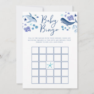 Invitación Juego de bingo de bebé ballena niño azul bajo el m