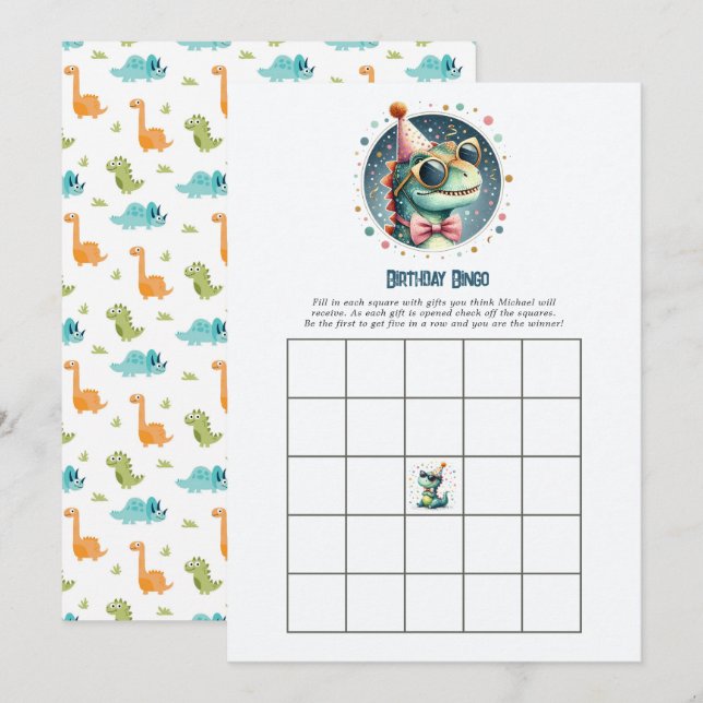 Invitación Juego de Bingo de Cumpleaños de Dinosaurios para N (Anverso / Reverso)