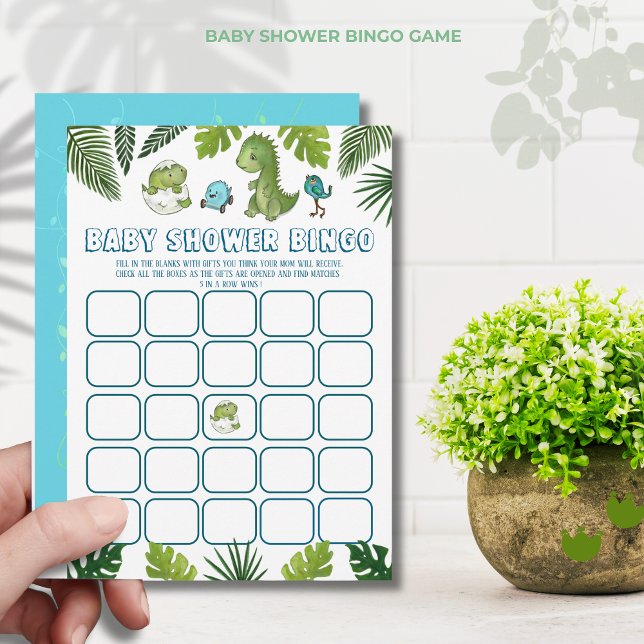 Invitación Juego de Bingo de Dinosaurio Chico Baby Shower - A (Boy Dinosaur Baby Shower Bingo Game - Gift Opening Invitation)