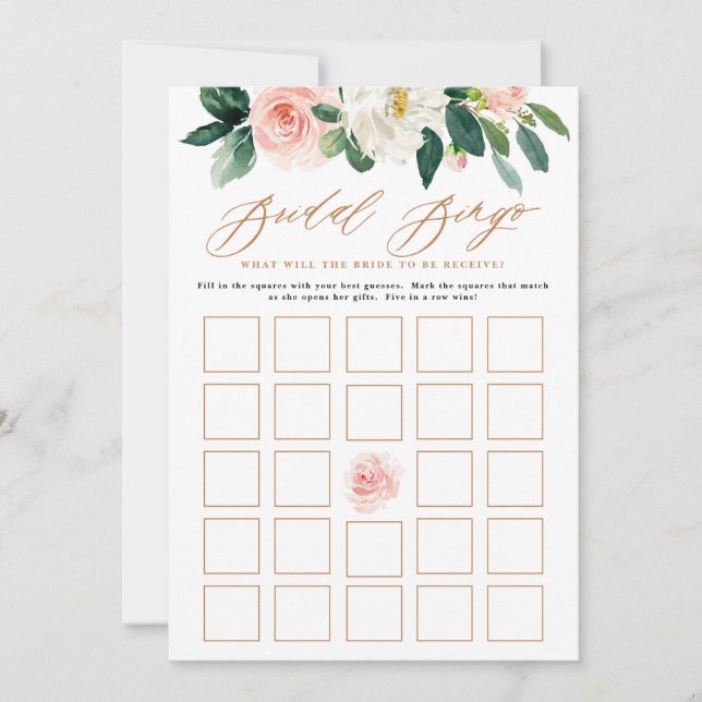 Invitación Juego de Bingo de Ducha Bridal Floral Peach y Whit (Anverso)