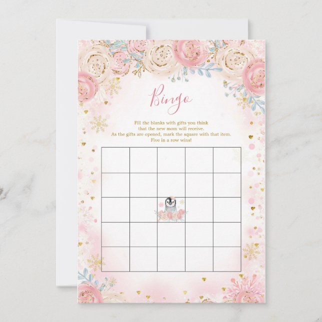 Invitación Juego de Bingo de Invierno de chica Pingüino (Anverso)