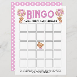 Invitación Juego de bingo de shower de bebé niña osito burbuj