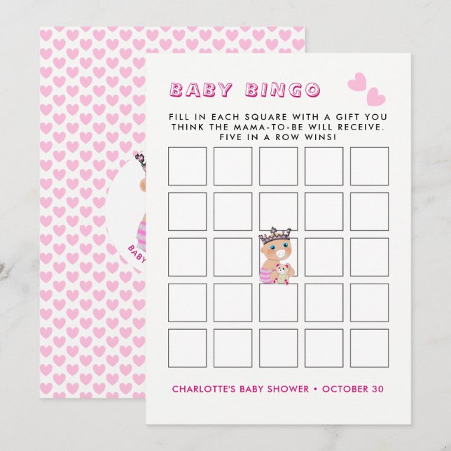 Invitación Juego de bingo para bebé Baby Shower Princesa Rosa (Anverso / Reverso)
