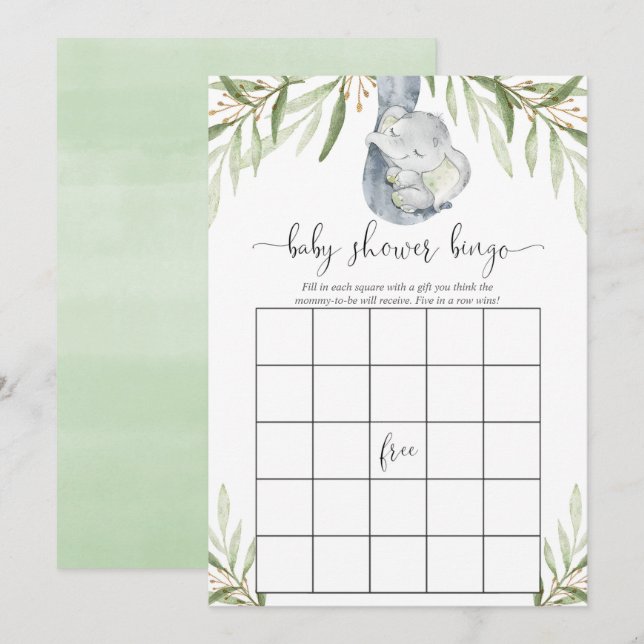 Invitación Juego de bingo para ducha de bebé elefante neutro  (Anverso / Reverso)