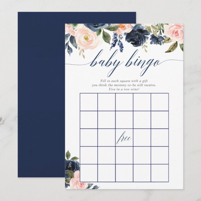 Invitación Juego de bingo para ducha de bebé floral azul mari (Anverso / Reverso)