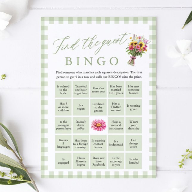 Invitación Juego de Bingo para encontrar al invitado en la fi (Green Find the Guest Bingo Bridal Shower Game)