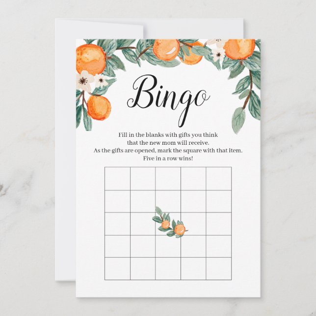 Invitación Juego de bingo para naranjas Baby Shower (Anverso)