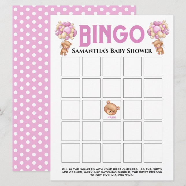 Invitación Juego de Bingo Rosa Bubbly Chica de Baby Shower Te (Anverso / Reverso)