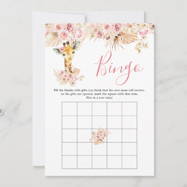 Invitación Juego de bingo Rubor Pink Boho Giraffe Baby Shower (Anverso)