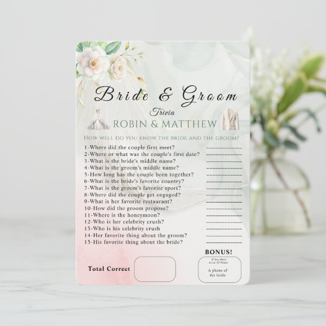 Invitación Juego de Boda Trendy Bride & Groom Trivia (Anverso de pie)