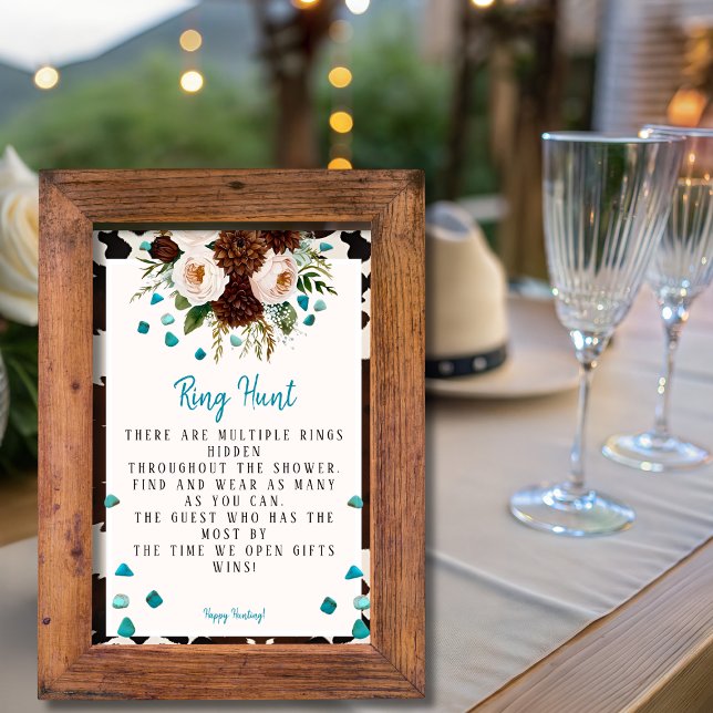 Invitación Juego de búsqueda de anillo turquesa de flores sil (Western Boho Wildflowers Turquoise Ring Hunt)