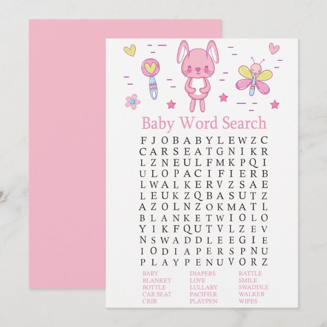 Invitación Juego de búsqueda de Baby Shower de Conejo Rosa (Anverso / Reverso)