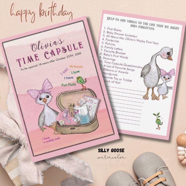 Invitación Juego de cápsula del tiempo de cumpleaños de ganso (Silly Goose Pink Bow Birthday Time Capsule Game Invitation)