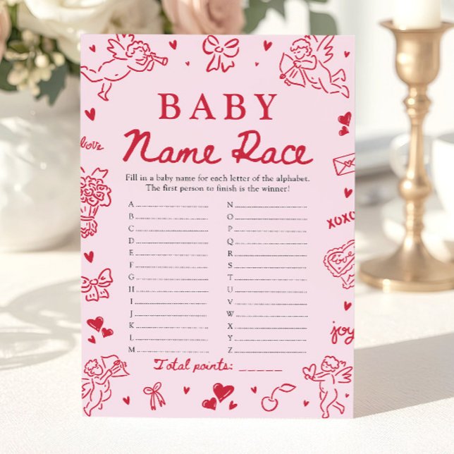 Invitación Juego de carrera de nombres de bebé con dibujos a  (Pink Hand Drawn Baby Name Race Baby Shower Game)