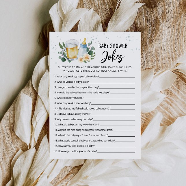 Invitación Juego de chistes para baby shower "Bebé está en ca (Beer and Floral Baby is Brewing Baby Shower Jokes Game Card)