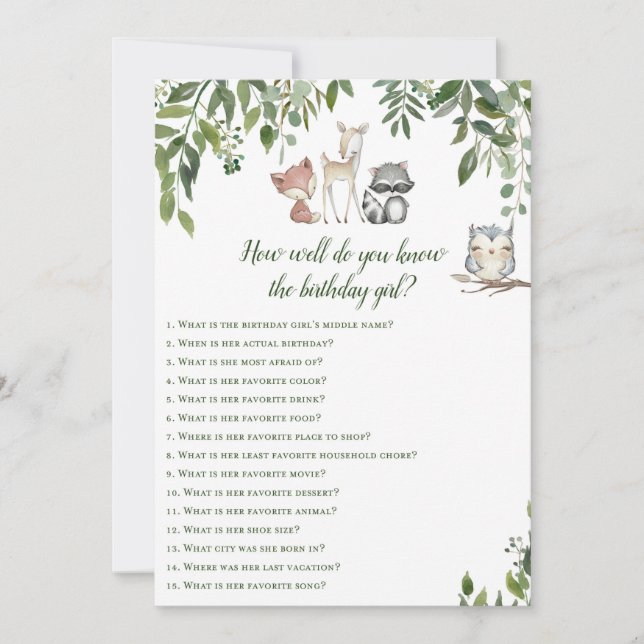 Invitación Juego de cumpleaños Woodland - Quién conoce al Chi (Anverso)