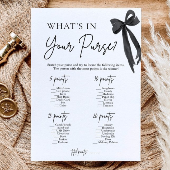Invitación Juego de Despedida de Soltera Black Bow What's In  (Black Bow What's In Your Purse Bridal Shower Game)