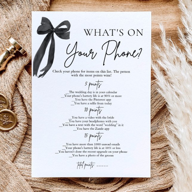 Invitación Juego de Despedida de Soltera Black Bow What's On  (Black Bow What's On Your Phone Bridal Shower Game)