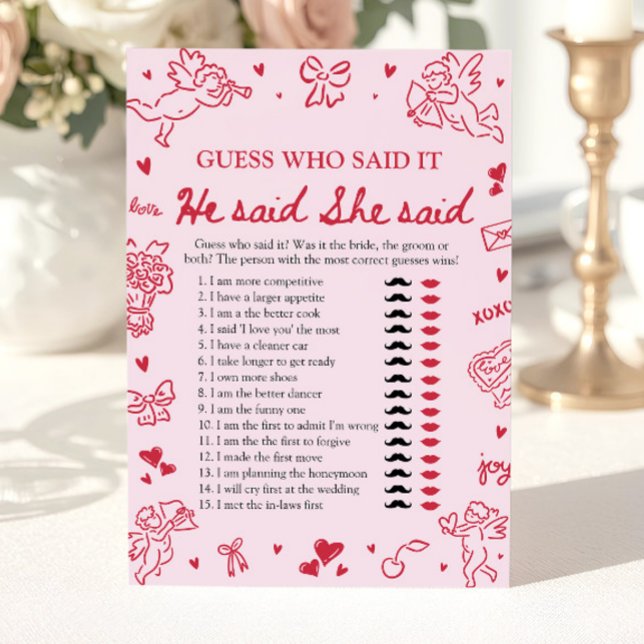 Invitación Juego de Despedida de Soltera Dijo Él Dijo Ella Ro (Pink Valentine He Said She Said Bridal Shower Game )