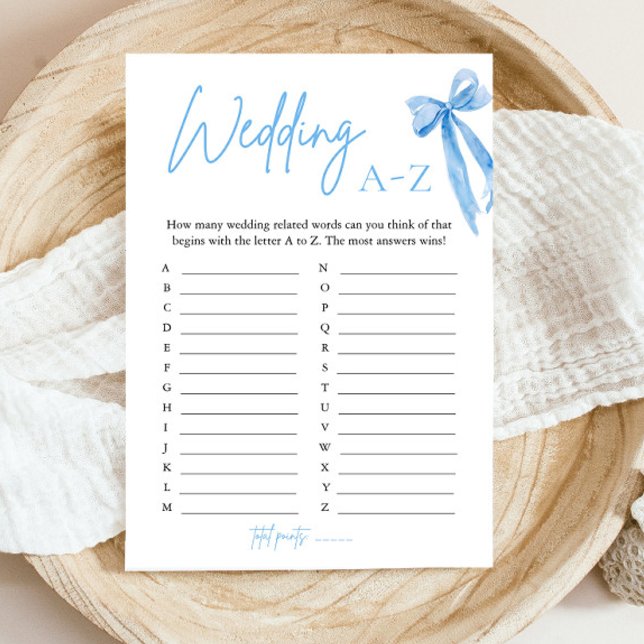 Invitación Juego de Despedida de Soltera Elegante Arco Azul B (Elegant Blue Bow Wedding A-Z Bridal Shower Game)