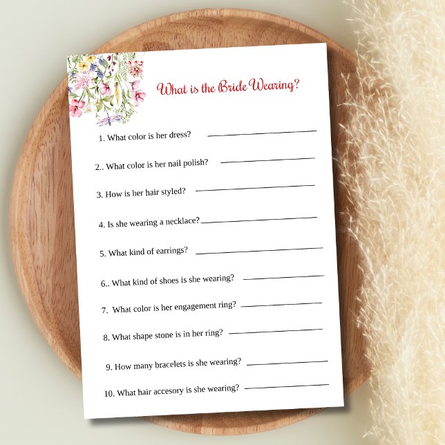 Invitación Juego de Despedida de Soltera ¿Qué lleva puesto la (Bridal Shower Game 5x7 card- What is the Bride Wearing)