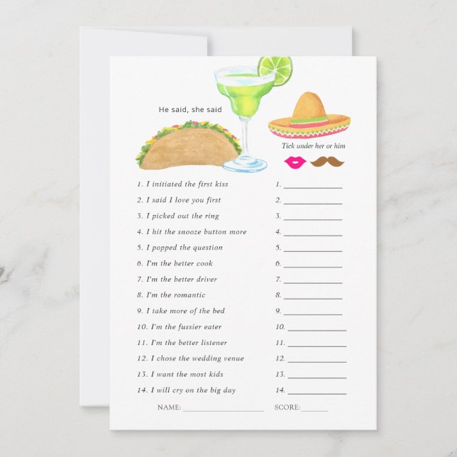 Invitación Juego de Despedida de Soltera Taco Fiesta Mexicana (Anverso)