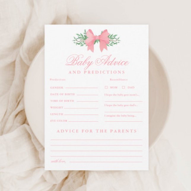 Invitación Juego de ducha con consejos y predicciones para be (Elegant Pink Bow Baby Advice and Predictions Shower Game.)