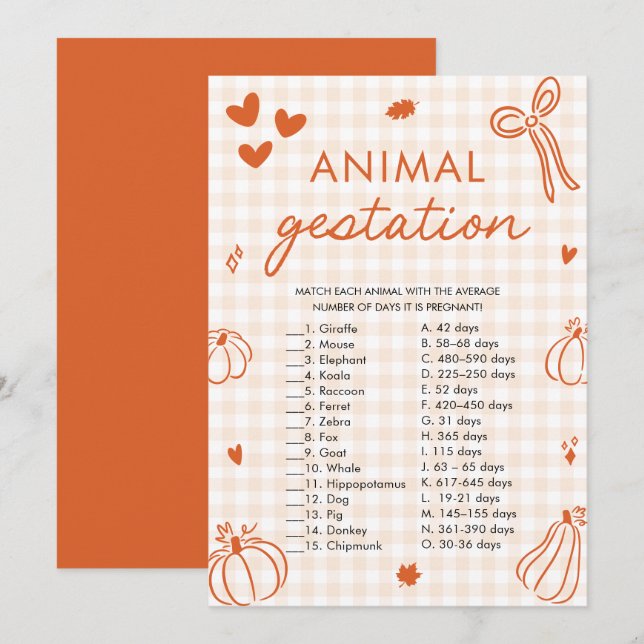 Invitación Juego de ducha de bebé sobre gestación de animales (Anverso / Reverso)