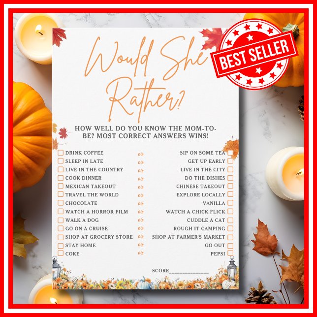INVITACIÓN JUEGO DE DUCHA DE BEBÉ WOULD SHE RATHER PEQUEÑO CA (WOULD SHE RATHER Easy Baby Shower Game A Little Pumpkin is on the Way Fall Autumn Theme)