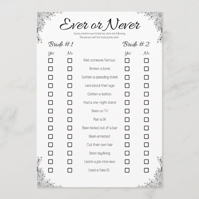 Invitación Juego de ducha de boda lesbiana, nunca o nunca (Anverso)