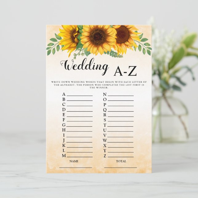 Invitación Juego de ducha de novia A-Z Boda de girasol (Anverso de pie)