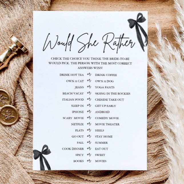 Invitación Juego de Ducha de Novia "Black Bow ¿Qué Preferiría (Black Bow Would She Rather Bridal Shower Game)