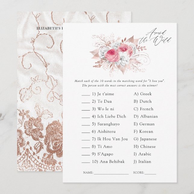 Invitación Juego de ducha de novia floral y de encaje (Anverso / Reverso)