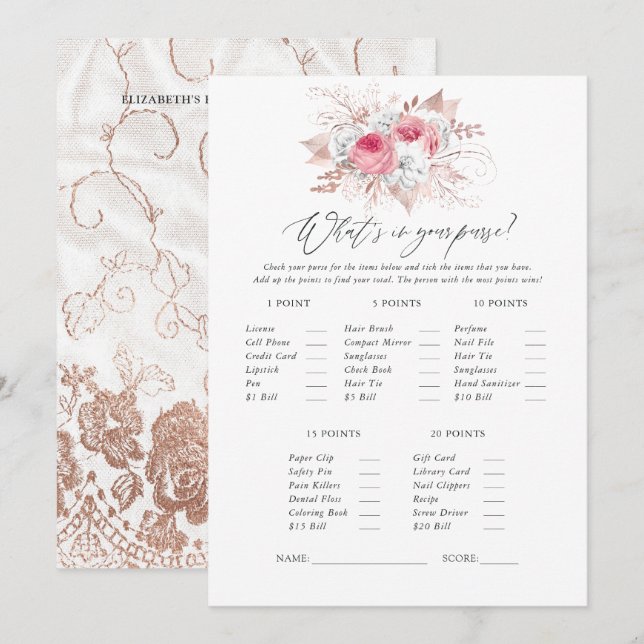 Invitación Juego de ducha de novia floral y de encaje (Anverso / Reverso)