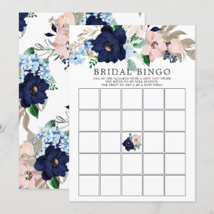 Invitación Juego de ducha de novia Navy y Rubor Floral BINGO