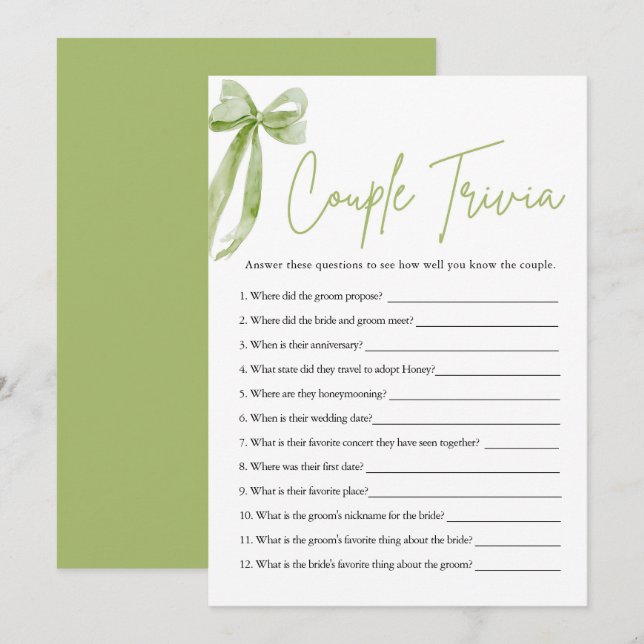 Invitación Juego de ducha de novia trivialmente trivial verde (Anverso / Reverso)