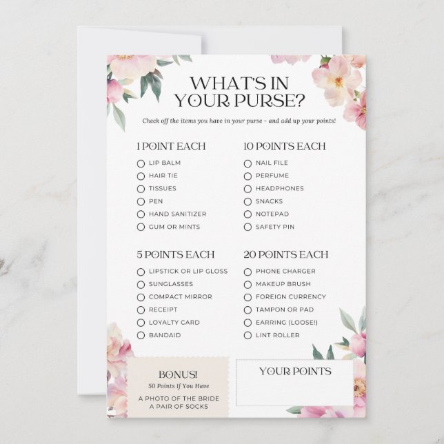 Invitación Juego de ducha de novias ¿qué hay en tu bolso rosa (Anverso)