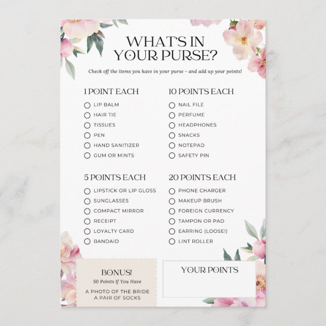 Invitación Juego de ducha de novias ¿qué hay en tu bolso rosa (Anverso)