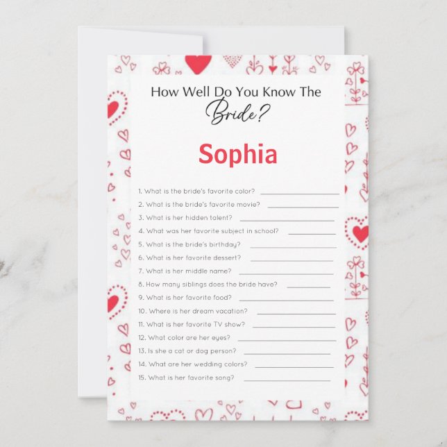 Invitación Juego De Ducha De Novias Qué Tan Bien Conoce A La  (Anverso)
