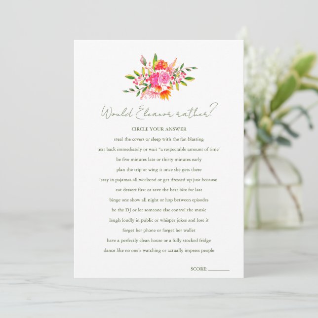 Invitación Juego de ducha floral personalizado '¿Qué preferir (Anverso de pie)