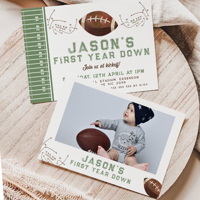 Invitación Juego de fotos Green Brown Juego de Fútbol Primer  (Photo football themed 1st birthday invitation for baby boy. Photo football first year down Invite.)