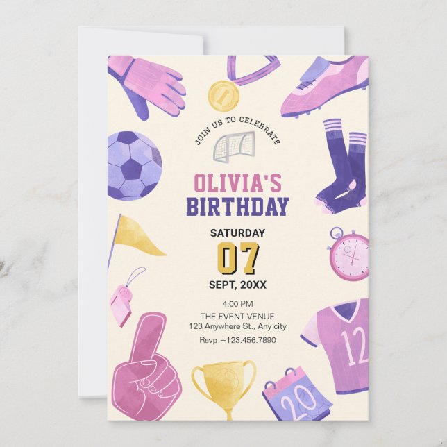 Invitación Juego de fútbol de púrpura rosa (Anverso)