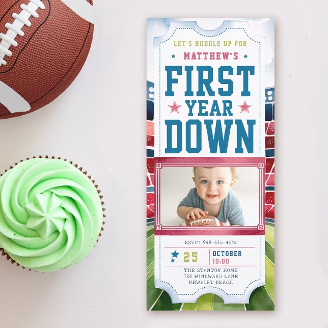 Invitación Juego de fútbol Ticket Sports Boy Foto Primer cump (boy 1st birthday invitation photo football first year down sports ticket blue red green game time)