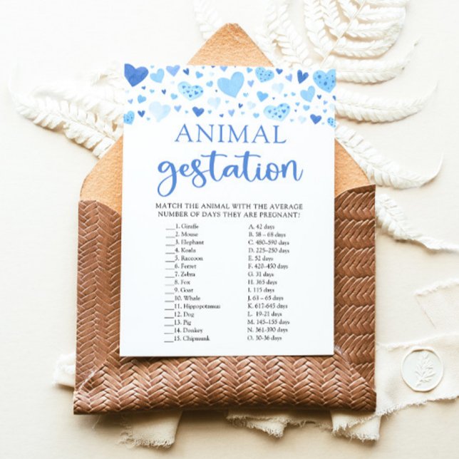 Invitación Juego de gestación de animales Blue Valentine Baby (Watercolor Cute Blue Hearts Valentine Sweetheart February Boy Animal Gestation Baby Baby Shower Game)