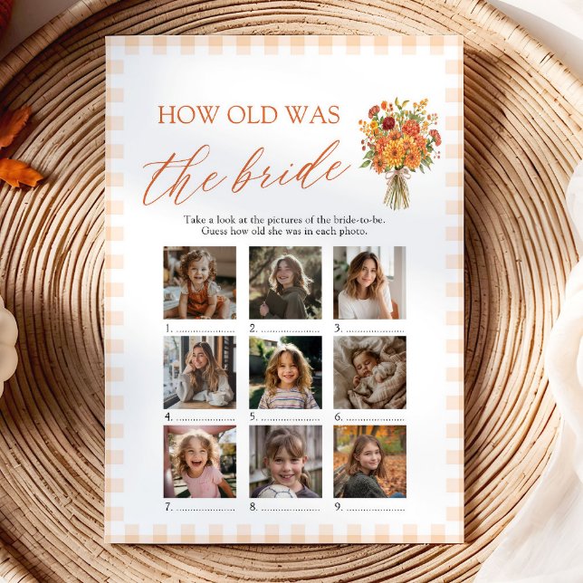 Invitación Juego de Gingham Naranja de Otoño ¿Qué Edad Tenía  (Fall Orange Gingham How Old Was The Bride Game)