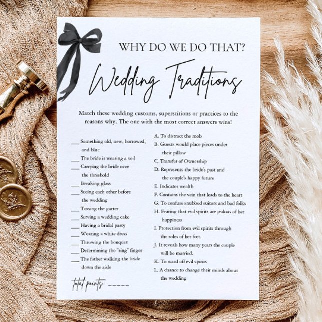 Invitación Juego de lluvia de ideas de tradiciones de bodas c (Black Bow Wedding Traditions Bridal Shower Game)