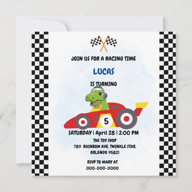 Invitación Juego de niños de coches de Carreras Funny Dinosau (Anverso)