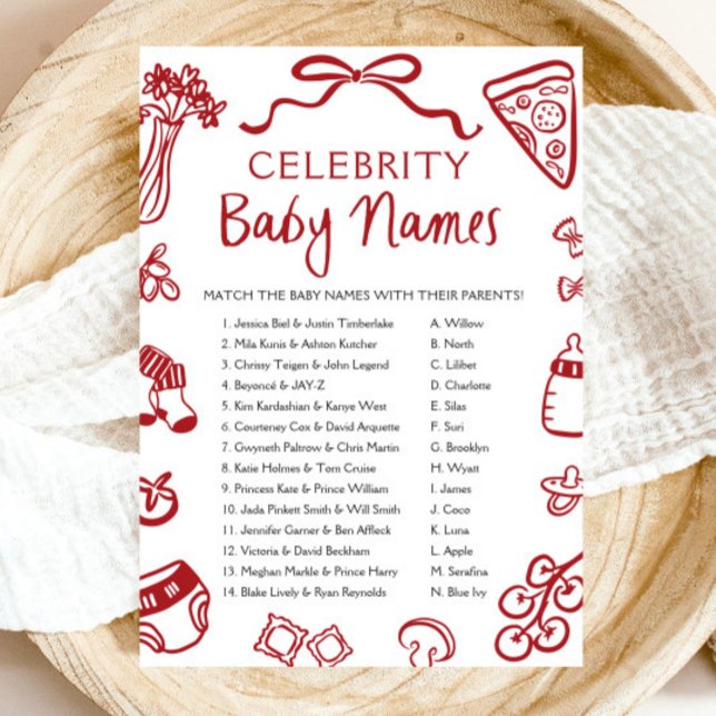 Invitación Juego de nombres de bebé de celebridades italianas (Red Hand Drawn Italian Celebrity Baby Name Game)