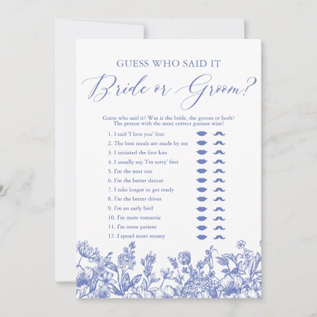 Invitación Juego de Novia o Novio Dijo con Floral Azul Guess  (Anverso)